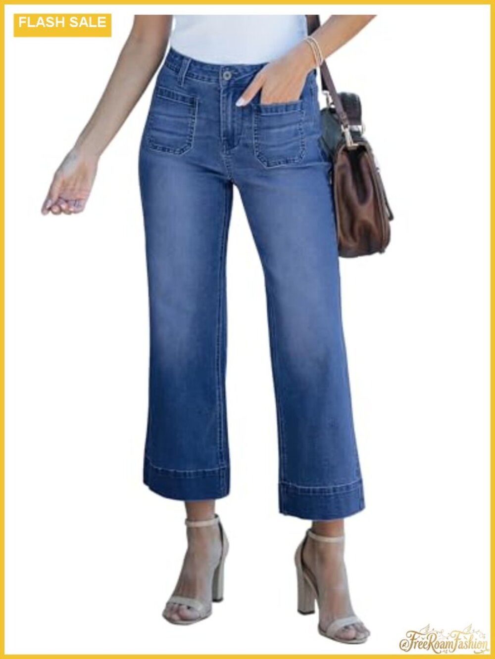 Wide Leg Crop Flare Jeans High Waisted Stretchy Women Denim 26" Inseam